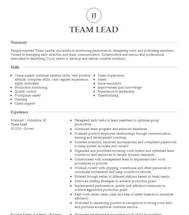 Team Lead Resume Example