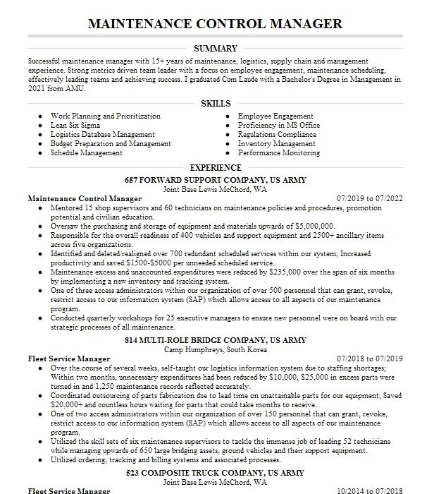 Maintenance Control Manager Resume Example