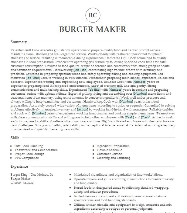 Burger Maker Resume Example 5131