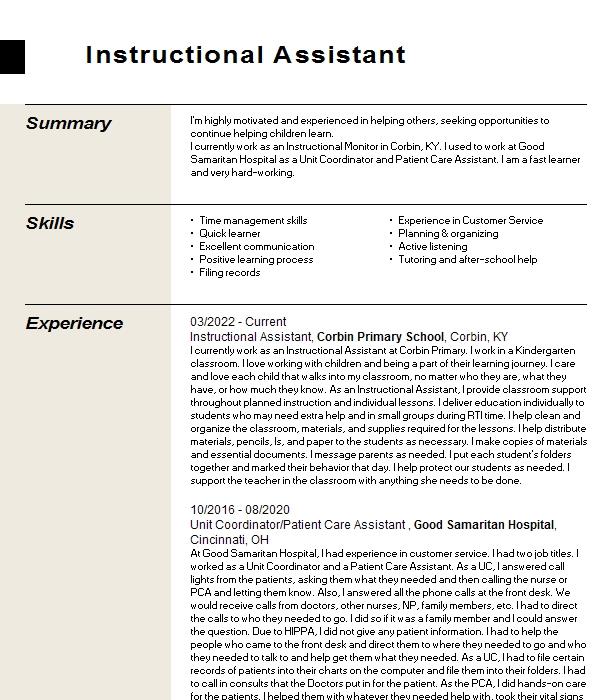 Instructional Assistant Resume Example