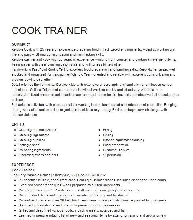 Cook Trainer Resume Example