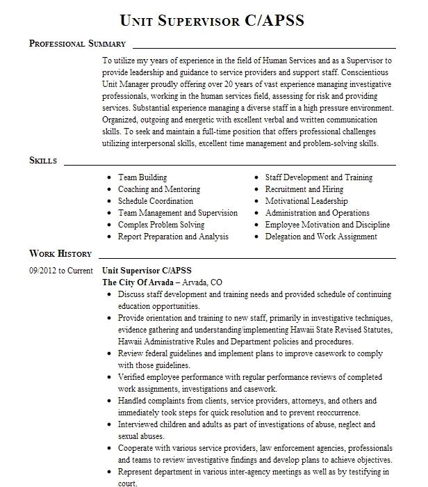 Unit Supervisor C Apss Resume Example