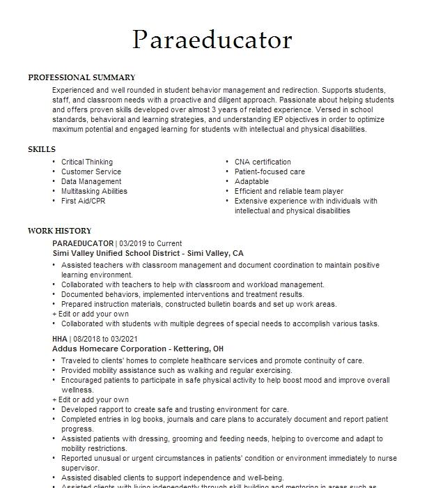 Paraeducator Resume Sample