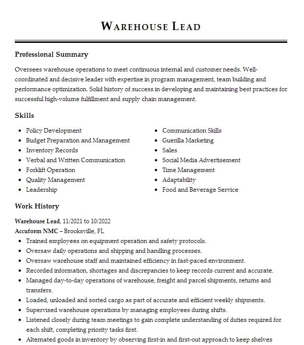 Warehouse Lead Resume Example