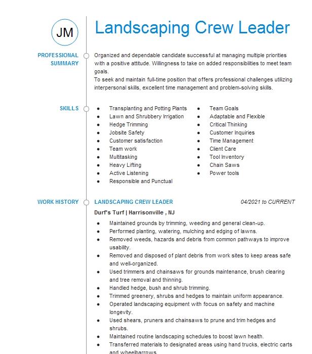 Landscaping Crew Leader Resume Example