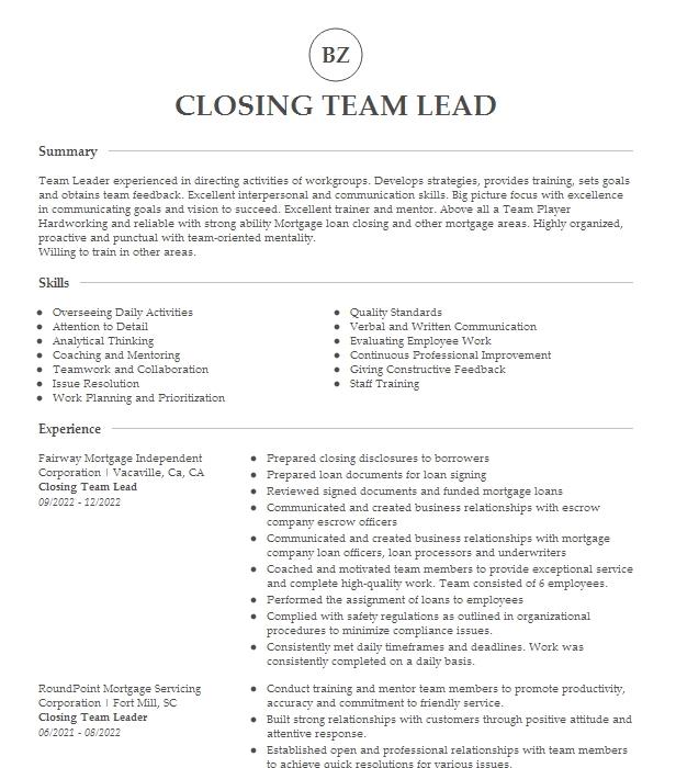 Closing Team Lead Resume Example