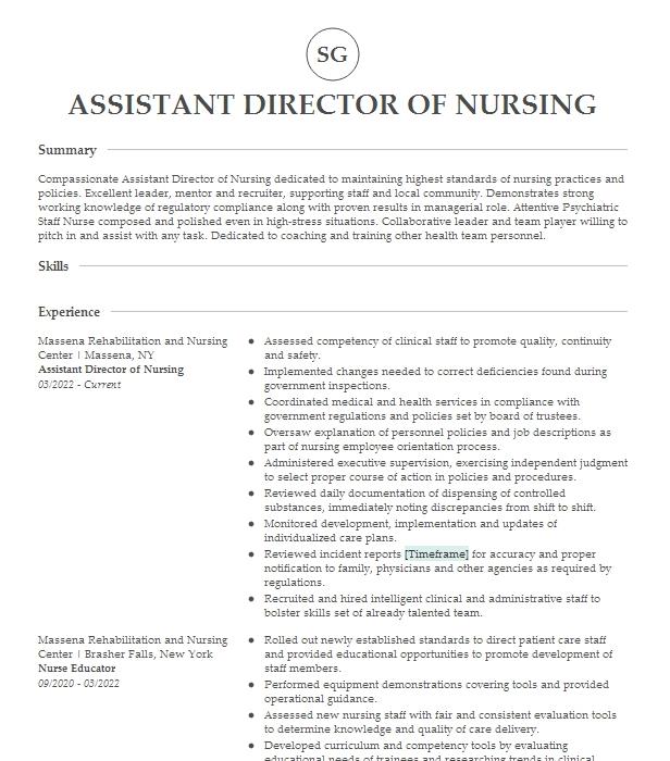 Assistant Director Of Nursing Resume Example