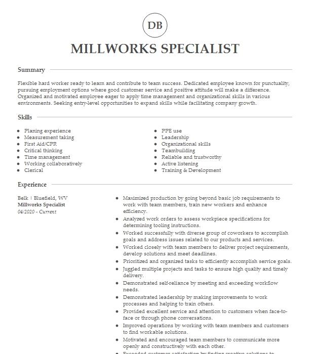 Millworks Lumber Associate Resume Example