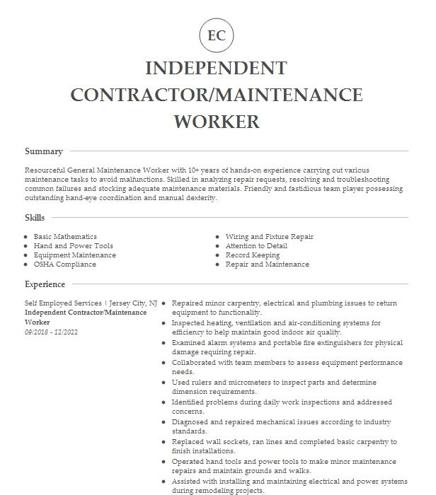 Youth Service Worker Independent Contractor Resume Example