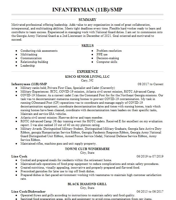 Infantryman 11b Resume Example