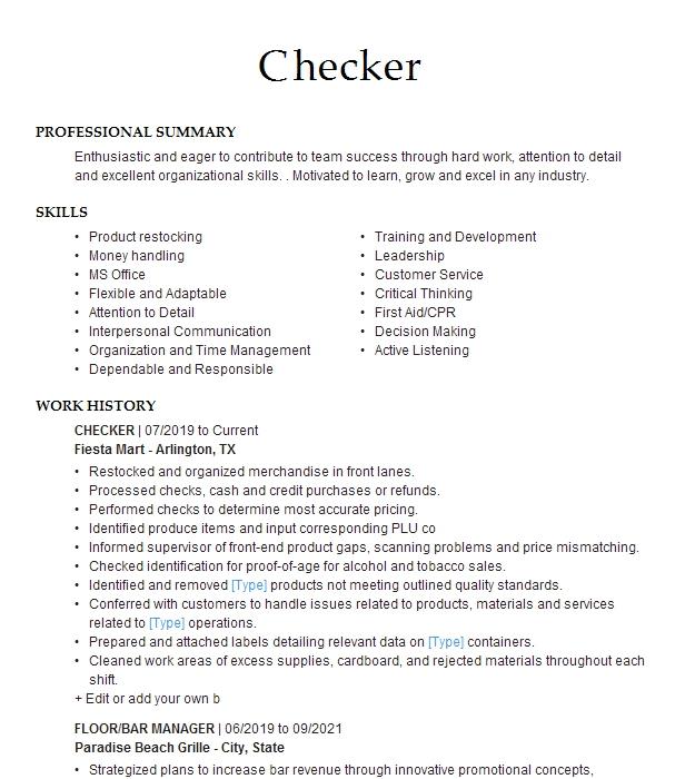 Checker Resume Example 9355