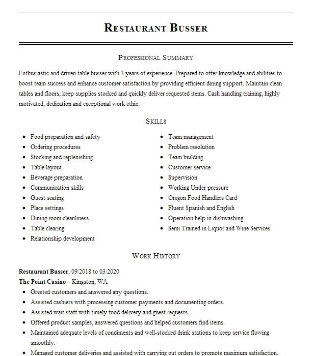 Restaurant Busser Resume Example