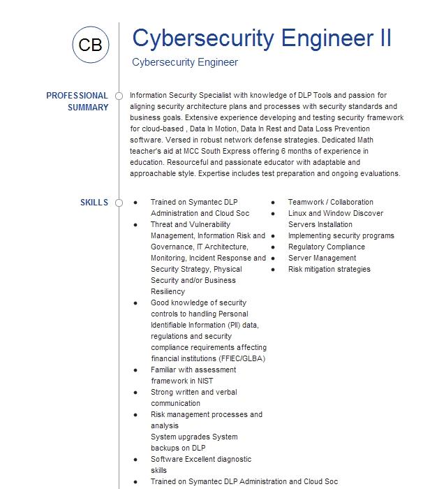 Cybersecurity Engineer Ii Resume Example