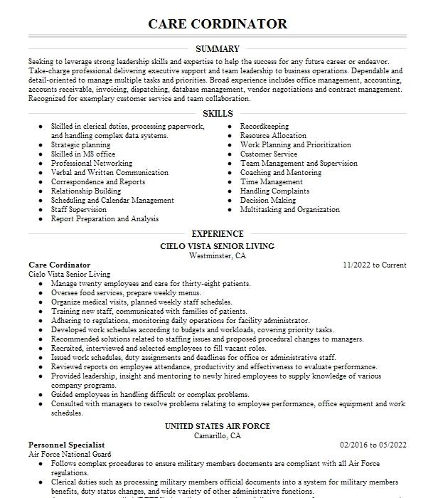 Facilities Cordinator Resume Example