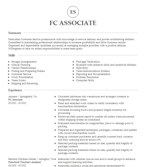 Fc Associate Resume Example