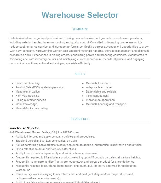 Warehouse Selector Resume Example