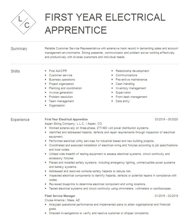 Third Year Electrical Apprentice Resume Example