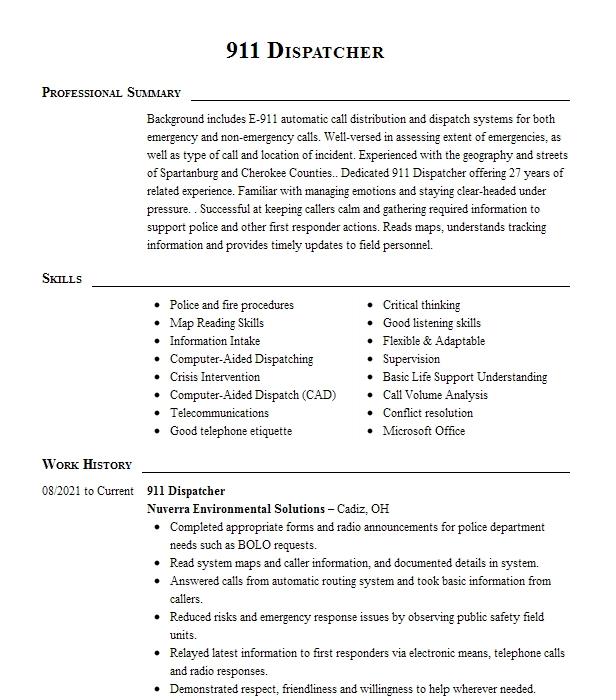 how to put 911 dispatcher on resume