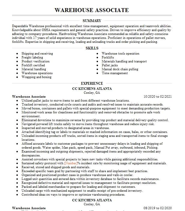 Warehouse Associate Resume Example