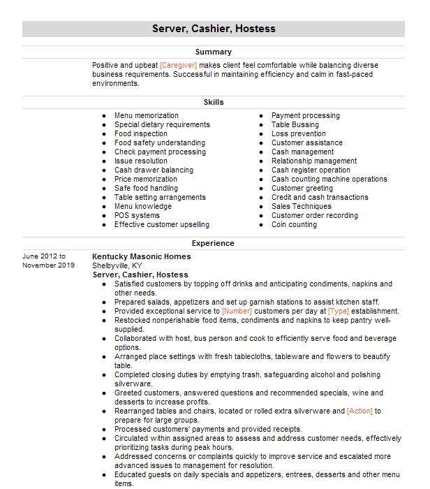 Hostess Cashier Server Resume Example