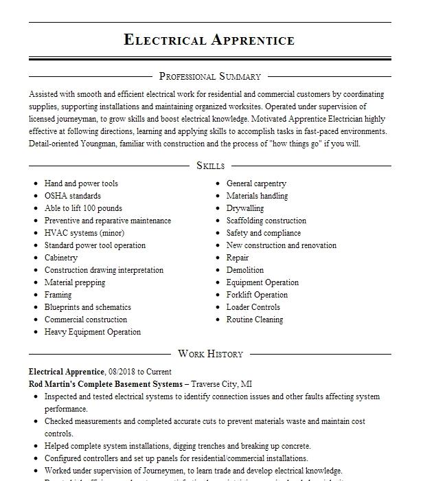 Electrical Apprentice Resume Example