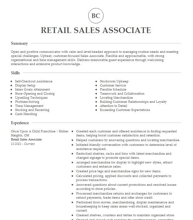 Retail Sales Associate Resume Example