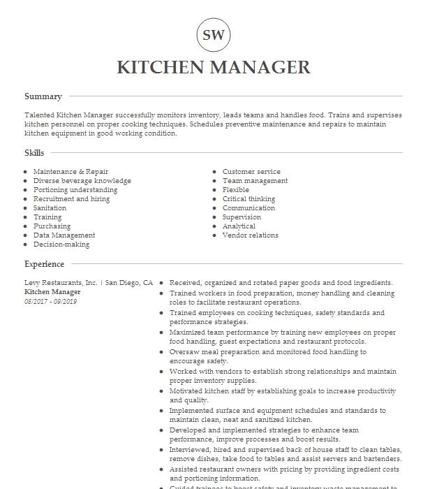 Kitchen Manager Resume Example