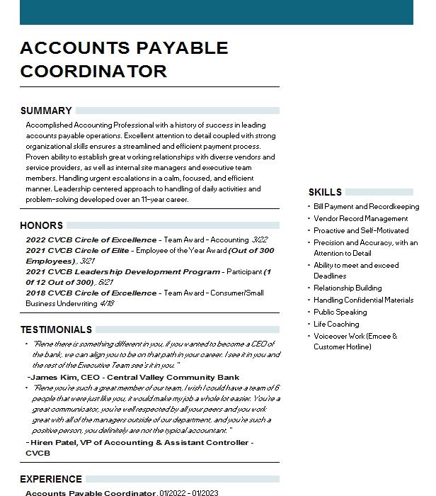 Accounts Payable Coordinator Resume Example