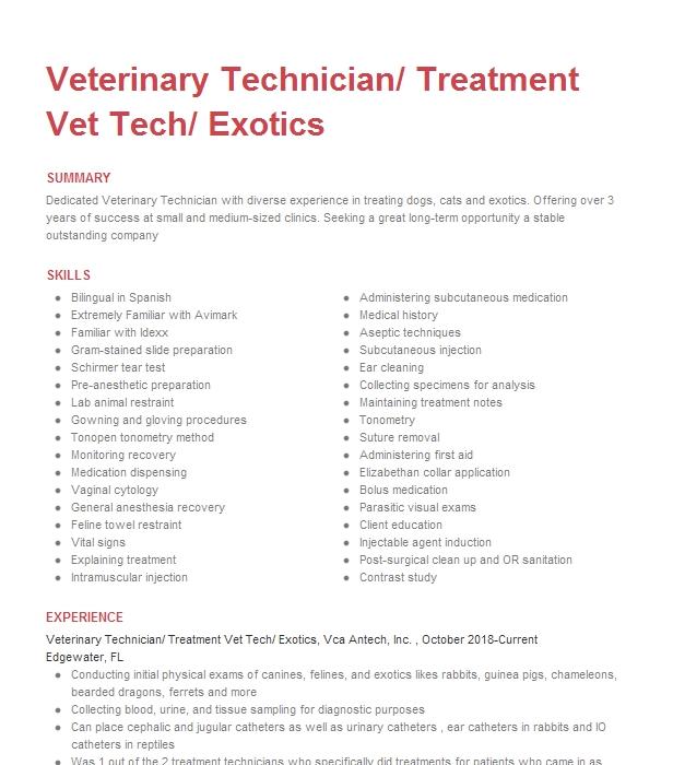 Veterinary Assistant ( Vet Tech Student) Resume Example