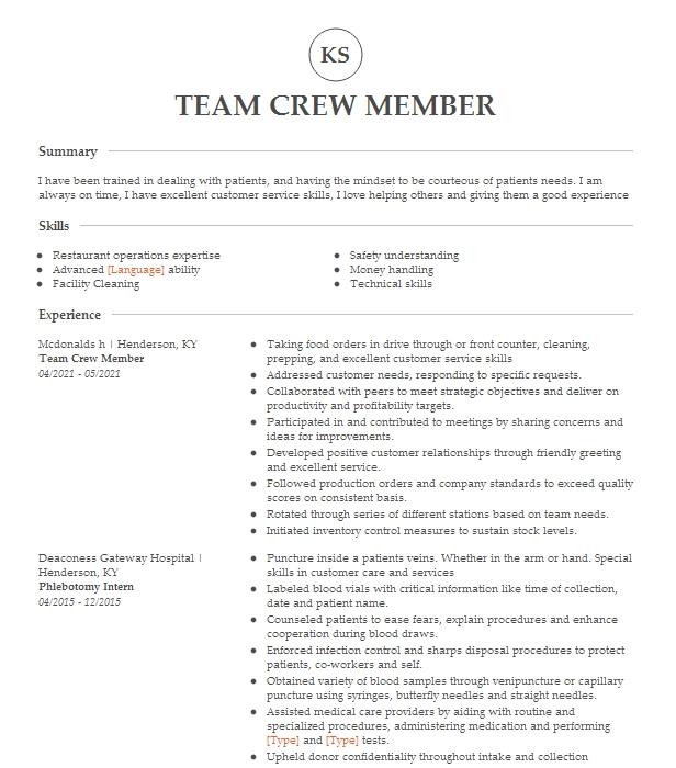 Team Crew Member Resume Example