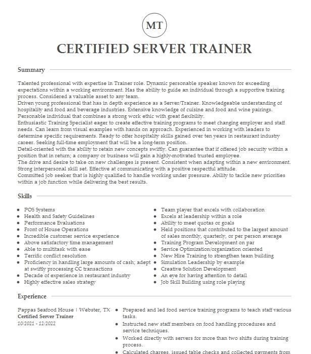 server trainer job description for resume