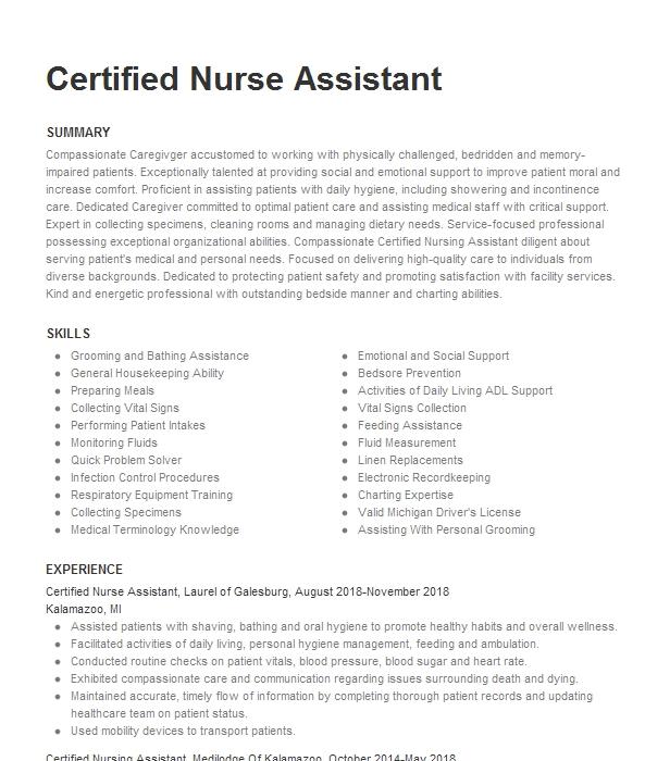 Certified Nurse Assistant Resume Example