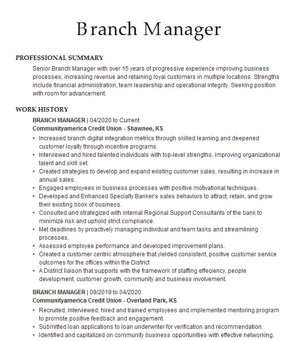 Branch Manager Resume Example 9688