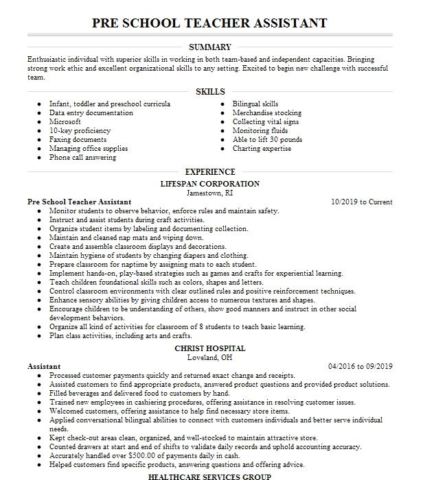 Pre K Assistant Teacher Resume Example