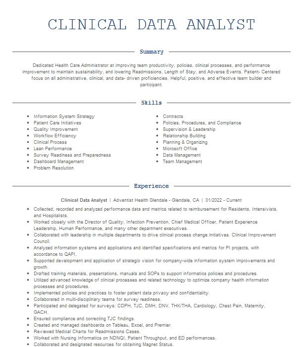 Clinical Data Analyst Resume Example