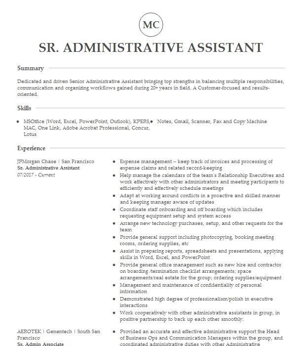 Sr. Administrative Assistant Resume Example