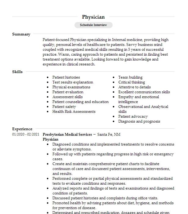 Physician Resume Example