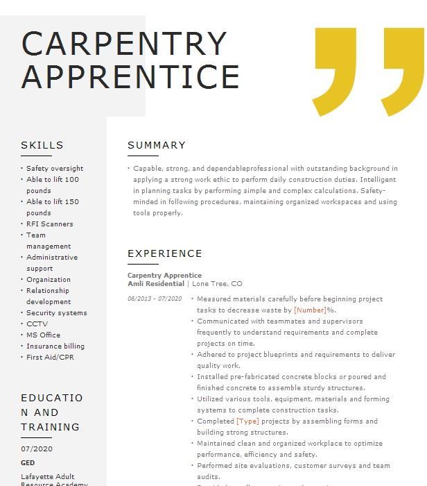 Carpentry Apprentice Resume Example