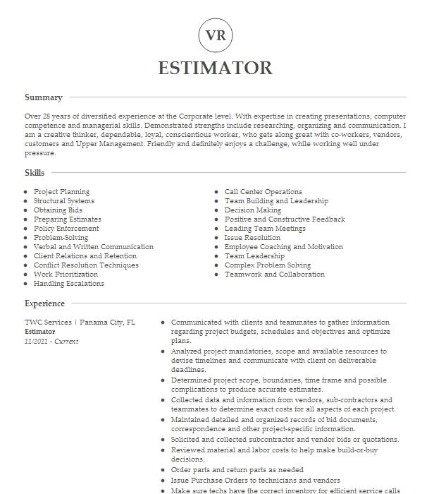 Estimator Resume Example