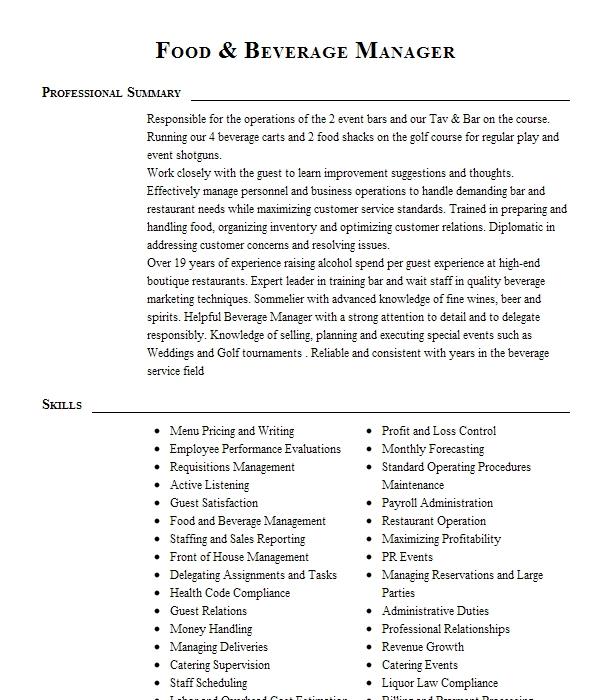 Food & Beverage Manager Resume Example