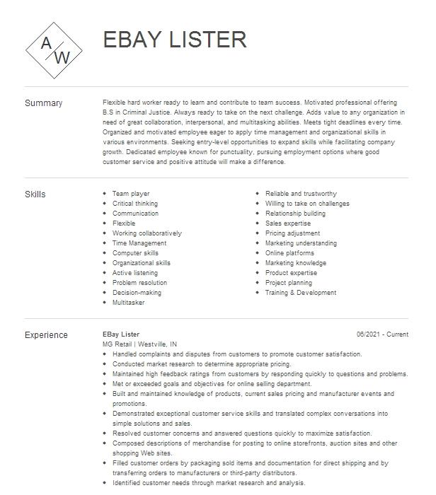 Ebay Lister Resume Example