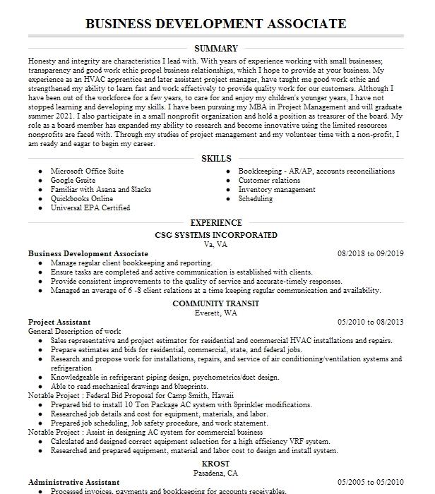 Business Development Associate Resume Objective