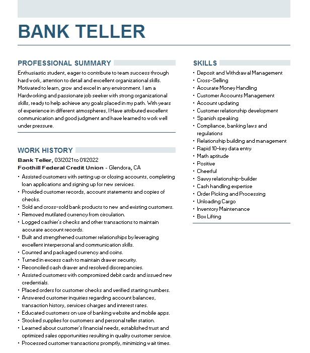 bank teller resume examples