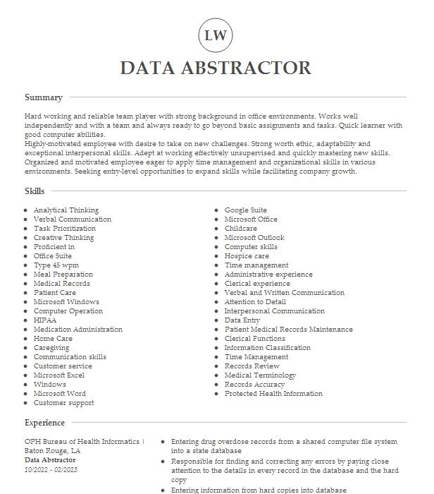 Data Abstractor Resume Example