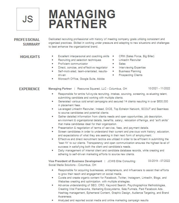 Managing Partner Resume Example