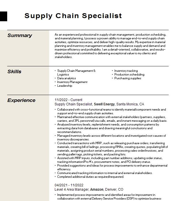 Supply Chain Specialist Resume Example