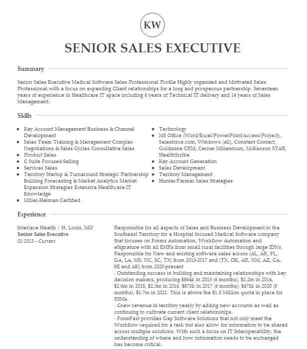 Senior Sales Executive Resume Example