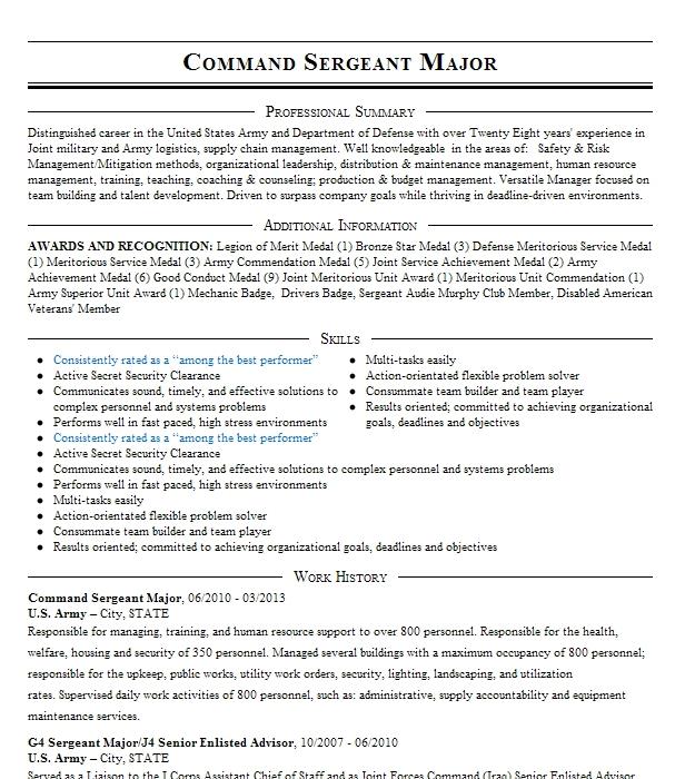 Engineer Sergeant Major Resume Example