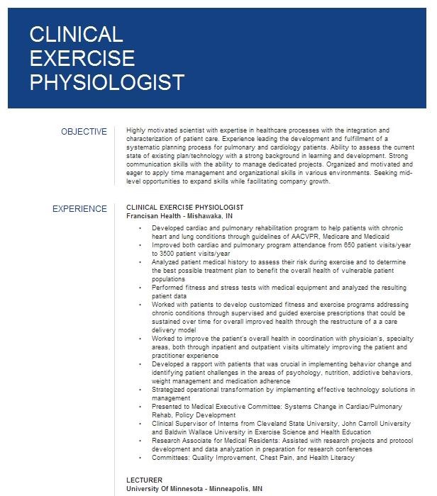 Clinical Exercise Physiologist Resume Example