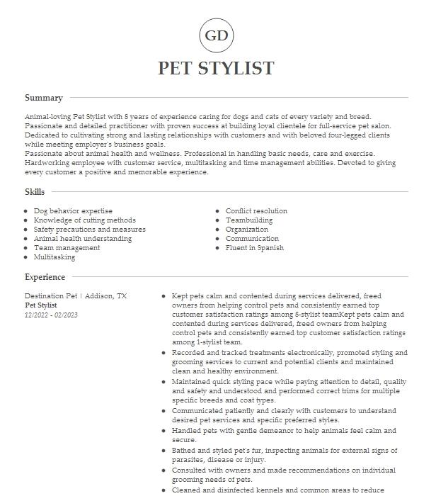 Pet Stylist Resume Example